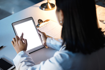 Image showing Night business, woman and tablet, screen and website research, iot innovation and data planning at office desk. Female worker using digital app in dark company, technology software and brand strategy