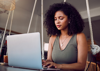 Image showing Laptop, study and student or black woman with eco friendly research, website information and online typing for online course. sustainability chair, desk and college girl on pc for internet blog post