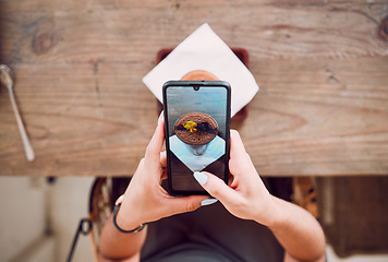 Image showing Woman, phone screen and taking photograph of coffee shop, restaurant and bistro for social media post, influencer food review and social network blog. Above of girl, smartphone and cafe drink picture