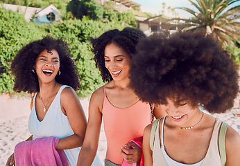 Image showing Black woman, friends walking and beach with funny conversation, joke or laugh on summer vacation. Girl group, women and smile with walk on sea sand together in sunshine with comic laughing on holiday