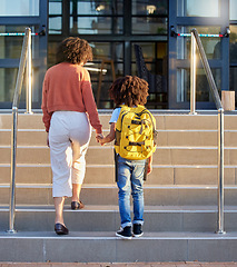 Image showing Mother, child and holding hands at school building, education with backpack and ready to learn at academy. Learning, study and student, black woman support kid for first day back to school.