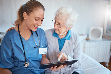 Image showing Tablet, nurse or doctor consulting an old woman in a nursing home bedroom with blood pressure and heart test results. Smile, trust and happy healthcare worker with a senior persons medical report