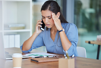 Image showing Business woman, phone call and headache in communication, stress or burnout at the office. Female suffering from mental health problems in conversation, discussion or consulting on phone at workplace