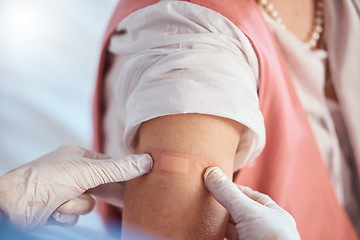 Image showing Covid vaccine, plaster and doctor with patient for healthcare consultation injection, hospital care and medical virus treatment. Covid 19 booster shot, band aid and clinic for coronavirus immunity