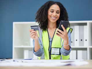 Image showing Credit card, phone and construction worker woman with online shopping app for logistics, supplier or hardware stock market. Mobile app, architecture and engineer on smartphone for e commerce website