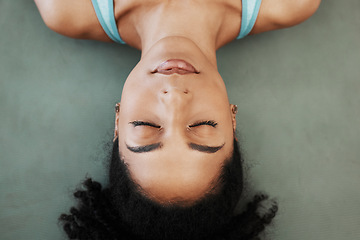 Image showing Black woman, yoga and meditation training, calm mindset and zen balance on the floor, top view and chakra. Female wellness, mental health and praying with freedom, mindfulness and relax with faith