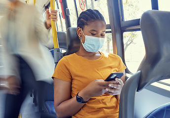 Image showing Bus travel, covid and black woman, smartphone and social media, reading notification and 5g online mobile tech on transportation. Young girl, face mask and corona virus safety with cellphone on metro