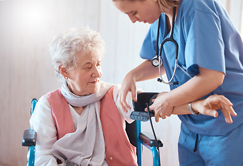 Image showing Disability, monitor and old woman with a nurse for blood pressure check in a medical healthcare hospital. Wheelchair, doctor and caregiver helping a sick elderly person in a nursing home