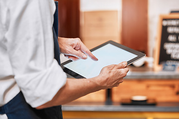 Image showing Store, manager and hands on tablet mockup for business app inventory, communication or online update. Tech, internet and professional shop management man with blank advertising screen.