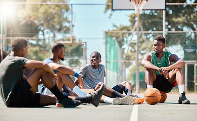 Image showing Basketball court, men and friends talking about game, sports and training motivation after exercise, workout or competition. Black man with street ball team at community playground planning strategy