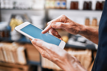 Image showing Blank screen, mockup tablet screen and hands on digital technology writing an email. Networking, web and internet working of an employee doing marketing research typing small business owner data