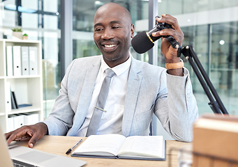 Image showing Radio podcast, laptop or black man with microphone interview, networking or communication in office studio. Speaker, internet influencer or corporate content creator with website news live stream