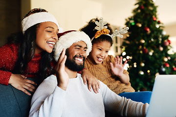 Image showing Christmas, family and video call, wave and communication for holiday celebration with laptop and happy family from Mexico. Technology, virtual and celebrate, Christmas tree decoration and talk online