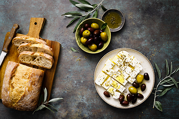 Image showing Feta cheese, olives and ciabatta, top view