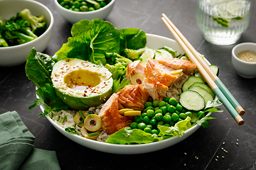 Image showing Salmon avocado bowl with broccoli, green peas, rice and fresh salad. Healthy food, top view