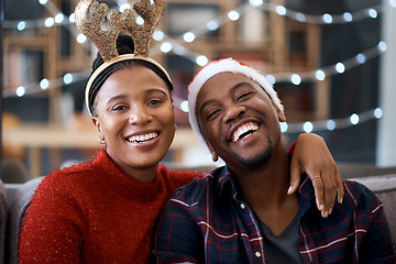Image showing Christmas, happy and portrait of black couple at celebration party with festive accessories and decoration. Happiness, love and African man and woman smiling at festive, holiday or xmas event at home