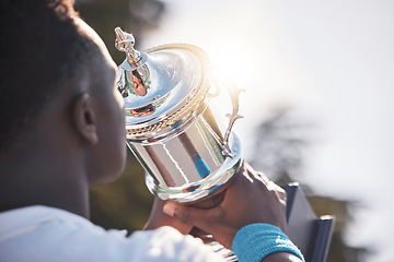 Image showing Trophy, winner and black man with sports achievement, goal and success on sky mockup and sunshine for champion reward. Competition, winning and athlete with prize, fitness celebration and game event