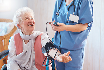 Image showing Doctor, senior patient and blood pressure healthcare consulting in a retirement home. Medical support, professional caregiver and cardiology health consultation for elderly person in nursing home