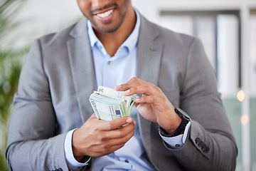 Image showing Hands, money and finance with a business man counting cash while accounting or banking in his office. Financial, investment and loan with a male employee working as an economy accountant for profit