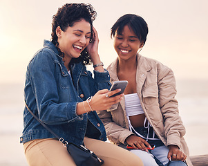 Image showing Friends, phone and women outdoor together for adventure or social media content creation, online conversation or video call. Friendship, happy girls and smile for mobile smartphone with comic video