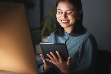 Image showing Woman, tablet and happy on internet at night in office, working on digital marketing with mobile tech. Businesswoman smile, work and browser social media, web ux or online communication on app