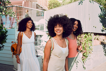 Image showing Travel, friends and black woman in summer walking by the countryside or neighborhood with outdoor fashion, wellness and youth lifestyle. Happy gen z, women or group of people with adventure and smile