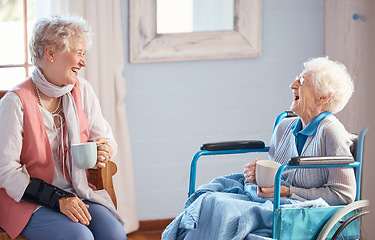 Image showing Coffee, senior women and friends laugh for funny story with trust, love and care. Elderly women, wheelchair and disabled female with conversation, happy smile and bonding together in retirement home