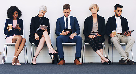 Image showing Tablet, phone and recruitment people row with young, senior and corporate candidates in work lobby. Social media, email and online communication of group in chair queue at professional job interview.