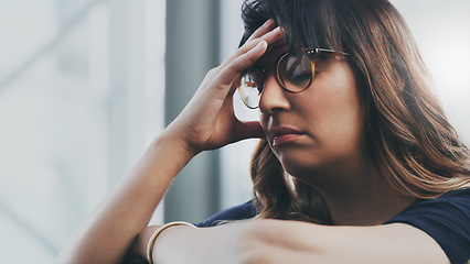 Image showing Depression, anxiety and woman with headache from stress, problem or fear, tired and sad on mockup background. Frustrated, unhappy and girl with migraine feel lonely, loser and mental health problem