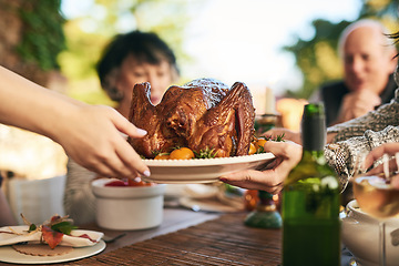 Image showing Thanksgiving, turkey and hands with a family eating a meal outdoor together in celebration of tradition. Christmas, chicken and party with a man and woman group enjoying dinner while bonding
