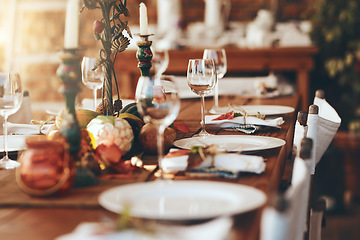 Image showing Table setting, fine dining and celebration of Christmas dinner on a patio of a house. Food, party and dining table ready for a feast, Thanksgiving tradition and dinner party with place setting