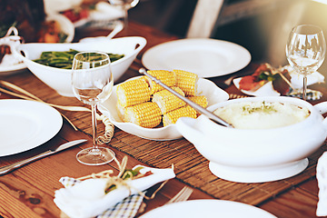 Image showing Table, food and vegetables for dinner and party to celebrate Christmas, Thanksgiving or anniversary. Feast, holiday and celebration with table setting, meal for dinner party and vegetable dish.