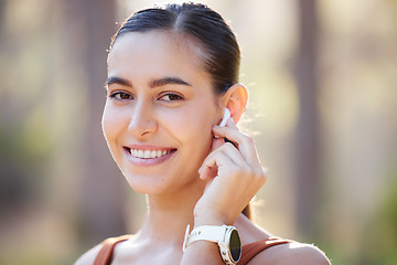 Image showing Fitness, woman and portrait smile for EarPods, music listening or wireless technology during running exercise. Active happy female smiling with teeth for earphones, healthy cardio and audio streaming