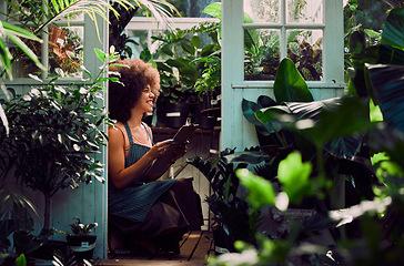 Image showing Plants, greenhouse and black woman with quality control, checklist and inventory management for small business shop, seller or supplier success. Agriculture manager with plant store or garden startup