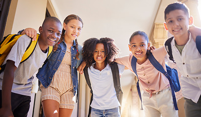 Image showing School friends, students and group for education at high school, corridor and campus. Portrait of diversity, happy and gen z young teen people studying, education and learning knowledge together