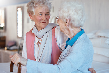Image showing Happy, friends and senior women talking and bonding in a bedroom together of a retirement home. Happiness, conversation and retired elderly female best friends with a smile speaking of gossip in room