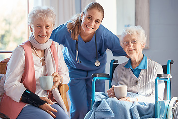 Image showing Nursing home, portrait and nurse with senior women after a healthcare checkup, exam or consultation. Happy, medical and caregiver or doctor standing with elderly friends in the retirement facility.