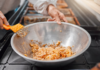 Image showing Hands, honeycomb and bowl for organic food processing, preparation or extract at the workplace. Hand of beekeeper working in honey making, extraction or agriculture for food, retail or producing