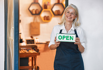 Image showing Restaurant, cafe and woman with open sign, senior waiter at local coffee shop and small business ready for business. Hospitality, elderly Canada waitress and manager with happy smile greeting you