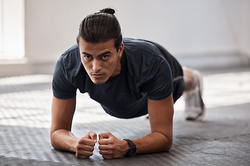 Image showing Plank exercise, ab workout and man with gym fitness training routine for body wellness, building muscle and balance. Personal trainer, athlete working out and planking exercising for health wellbeing