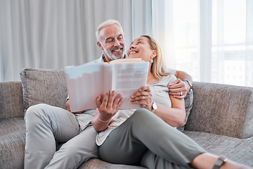 Image showing Book, reading and relax with a senior couple sitting on a sofa in the living room of a home together. Books, love and storytelling with a mature man and woman enjoying a read while bonding in a house