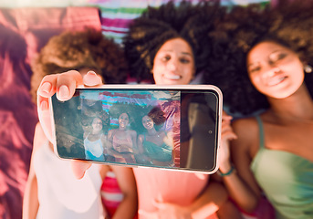 Image showing Woman, friends and phone for group selfie, summer and relax for friendship traveling or vacation together. Happy women relaxing lying on beach towels smiling for photo holding smartphone with display