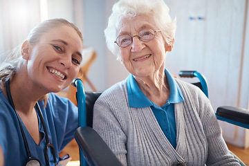 Image showing Nurse, portrait smile and medical for elderly care, retirement home or visit from doctor for appointment or checkup. Happy senior woman smiling with healthcare professional for therapy exam at clinic