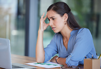 Image showing Business woman, laptop and stress with headache from work anxiety or technical problems at the office. Female employee analyst suffering from burnout, depression or mental health issues at workplace