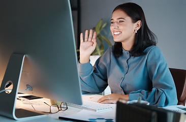 Image showing Business woman, pc and wave for video conference in office or online corporate webinar. Hello, marketing employee and 5g digital collaboration and zoom company discussion with technology on computer