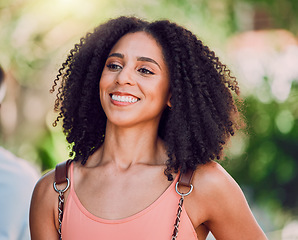 Image showing Black woman, afro and sightseeing in city travel location, summer holiday destination or Rio de Janeiro vacation . Smile, happy or fashion student, tourist or traveler with cool, style or funky hair