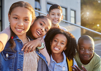 Image showing Friends, smile and selfie with children in school for teamwork, education and diversity. Support, scholarship and learning with portrait of group of students for happy, youth and collaboration