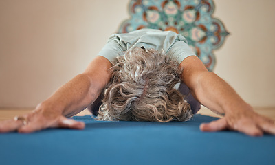 Image showing Senior woman, yoga stretching and floor in gym exercise, workout or fitness training routine. Elderly yogi, studio and balance for wellness, health or zen mindfulness for healthy spiritual mindset