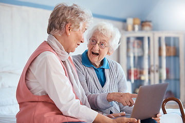Image showing Friends laptop or senior woman with wow for communication, social media video or streaming online. Happy, smile or elderly women with tech for gambling winner, online shopping or search the internet