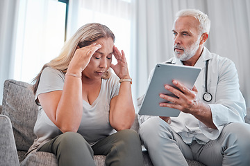 Image showing Headache, tablet and doctor consulting patient for stress, anxiety or psychology in psychologist, hospital or office communication. Bad news, digital results and healthcare worker with a sick woman